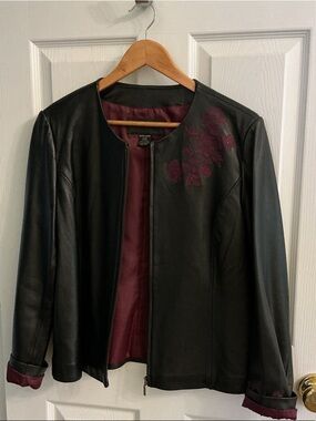 Jaclyn Smith Black Leather Bomber Jacket with Burgundy Lining
